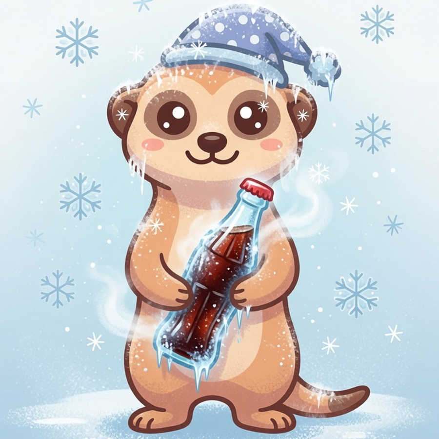 Das Eismännchen: ein Erdmännchen mit periwinkelblauer Schlafmütze, das eine eiskalte, vereiste Flasche umarmt